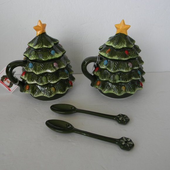 NWT Mr. Christmas Set of 2 16-oz Nostalgic Mugs w/ Lids & Spoons TREES - Picture 2 of 6